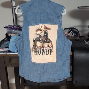Upcyled Blue Denim Sleeveless Button Down Shirt with Graphic Back Boho